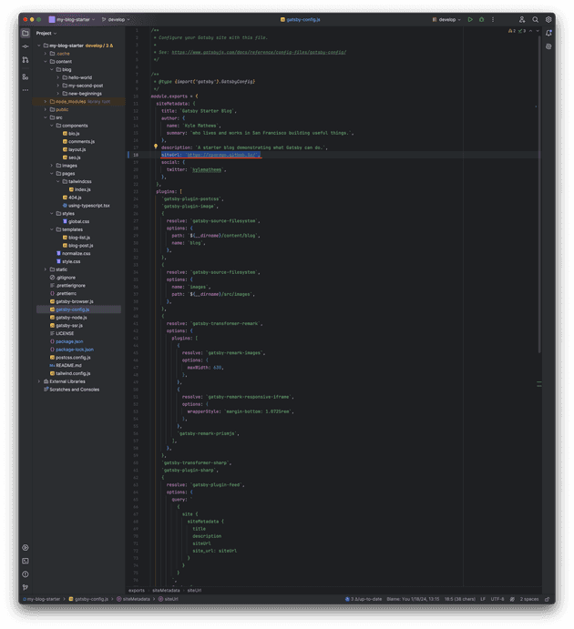 [3-3] gatsby-config.js 파일에 siteUrl 수정